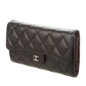 CHANEL CC Gusset Classic Flap Wallet Quilted Caviar Long Trifold Black Maroon